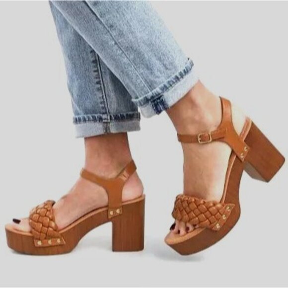 Madden NYC Women Sz 8 Braided Cognac Platform Heels Strap Sandals Casual Dress - Picture 3 of 11